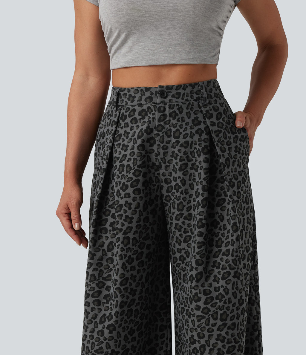 Mid Rise Wide Leg Leopard Print Casual Trousers with Pockets — Granite Panther — view 5
