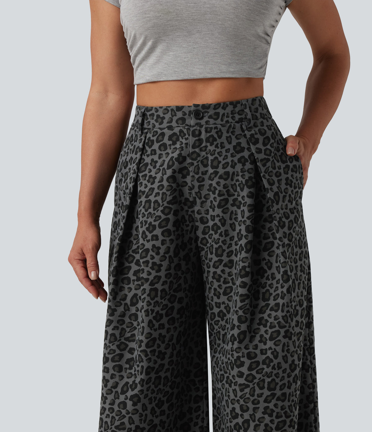 Mid Rise Wide Leg Leopard Print Casual Trousers with Pockets — Granite Panther — view 5