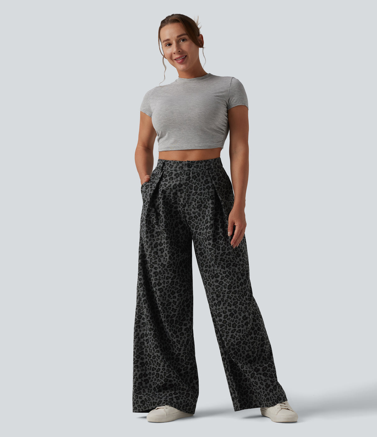 Mid Rise Wide Leg Leopard Print Casual Trousers with Pockets — Granite Panther — view 4