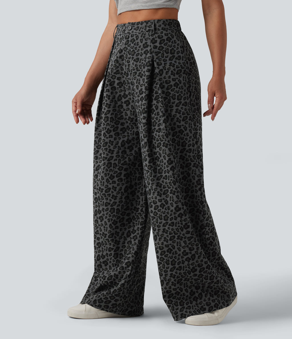 Mid Rise Wide Leg Leopard Print Casual Trousers with Pockets — Granite Panther — view 3