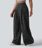 Mid Rise Wide Leg Leopard Print Casual Trousers with Pockets — Granite Panther — view 3