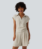 Cap Sleeve Ruched Casual Linen-Feel Shirt — Silver Birch — view 4
