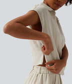 Cap Sleeve Ruched Casual Linen-Feel Shirt — Silver Birch — view 5