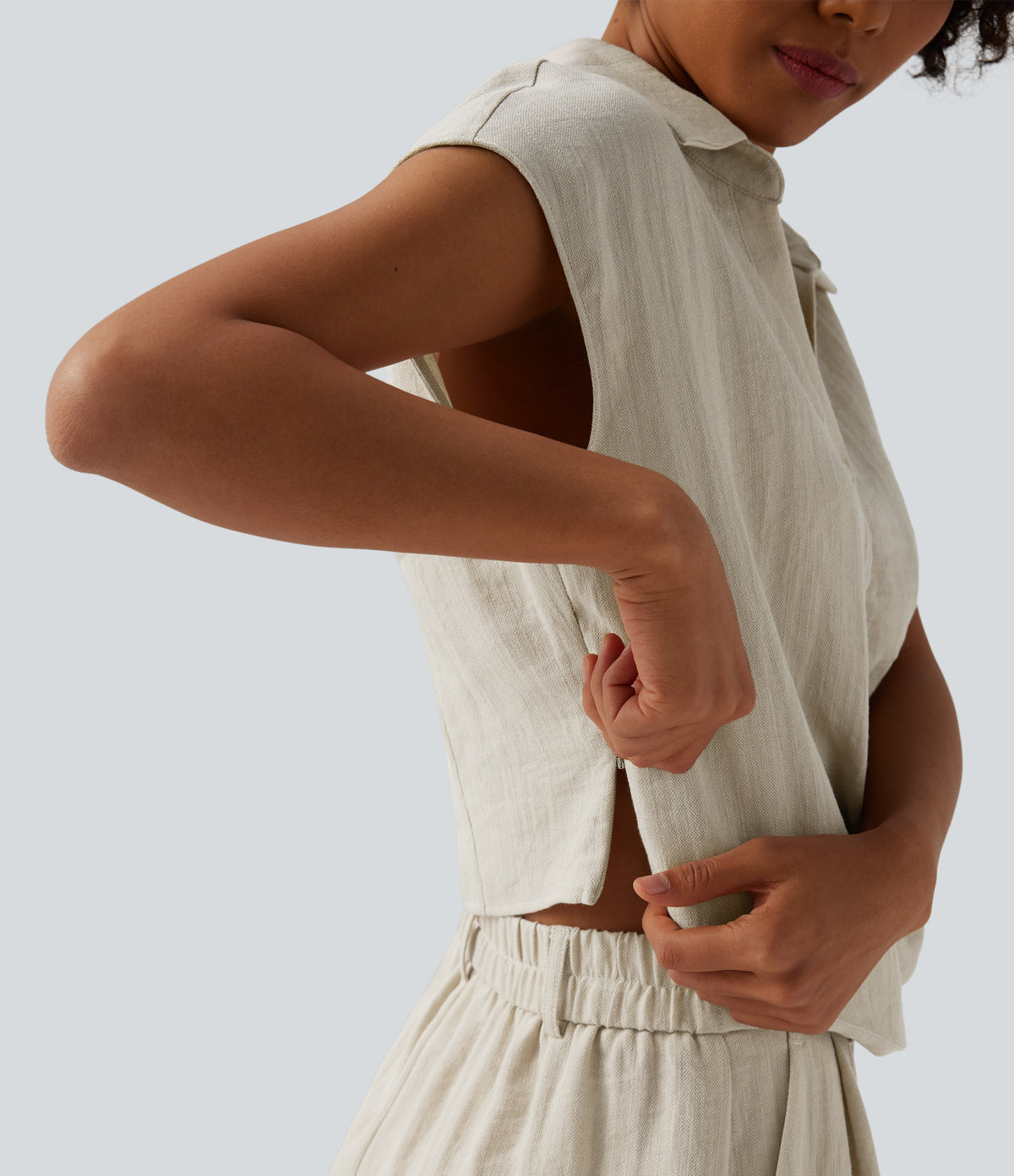 Cap Sleeve Ruched Casual Linen-Feel Shirt — Silver Birch — view 5
