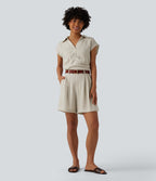 Cap Sleeve Ruched Casual Linen-Feel Shirt — Silver Birch — view 6