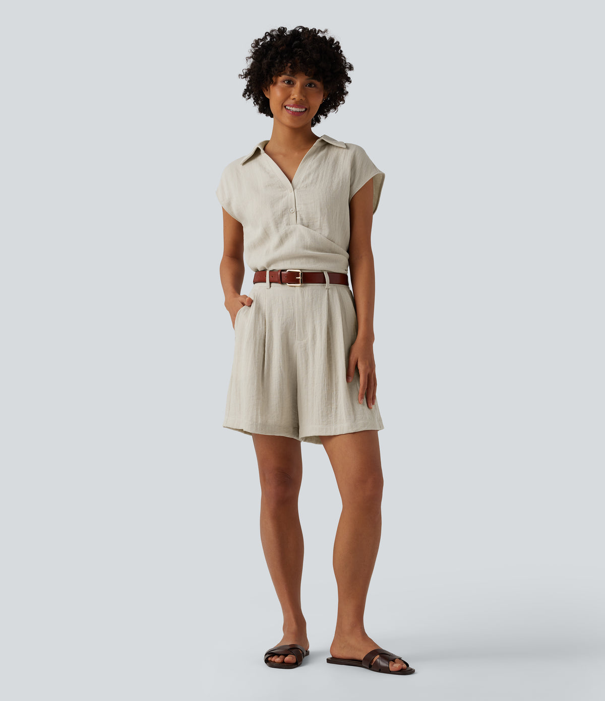 Cap Sleeve Ruched Casual Linen-Feel Shirt — Silver Birch — view 6