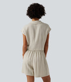 Cap Sleeve Ruched Casual Linen-Feel Shirt — Silver Birch — view 2