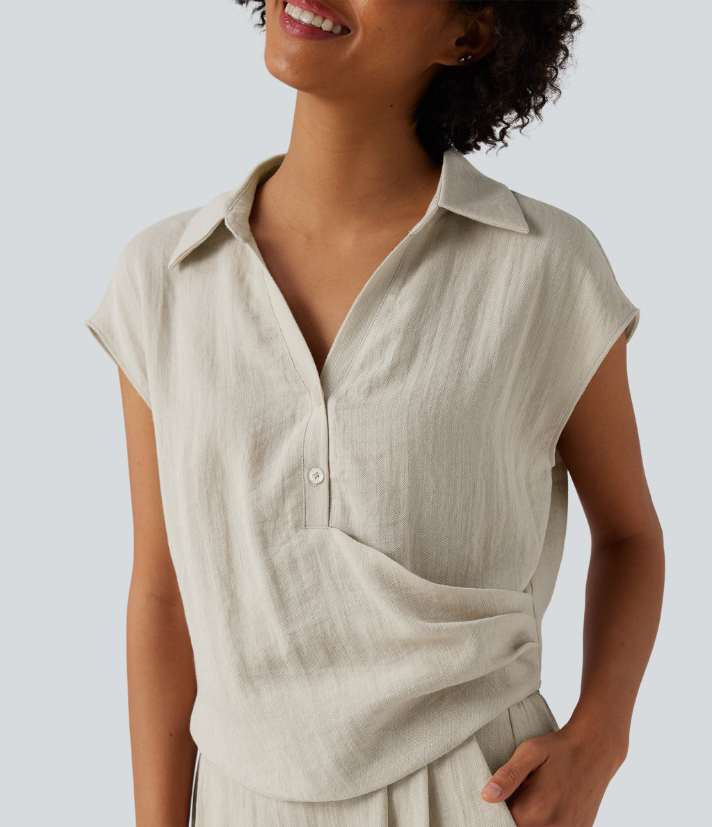 Cap Sleeve Ruched Casual Linen-Feel Shirt — Silver Birch — view 1