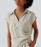 Cap Sleeve Ruched Casual Linen-Feel Shirt — Silver Birch — view 1