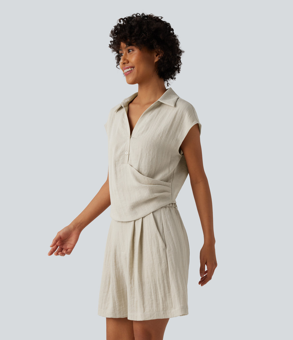 Cap Sleeve Ruched Casual Linen-Feel Shirt — Silver Birch — view 3