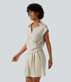 Cap Sleeve Ruched Casual Linen-Feel Shirt — Silver Birch — view 3