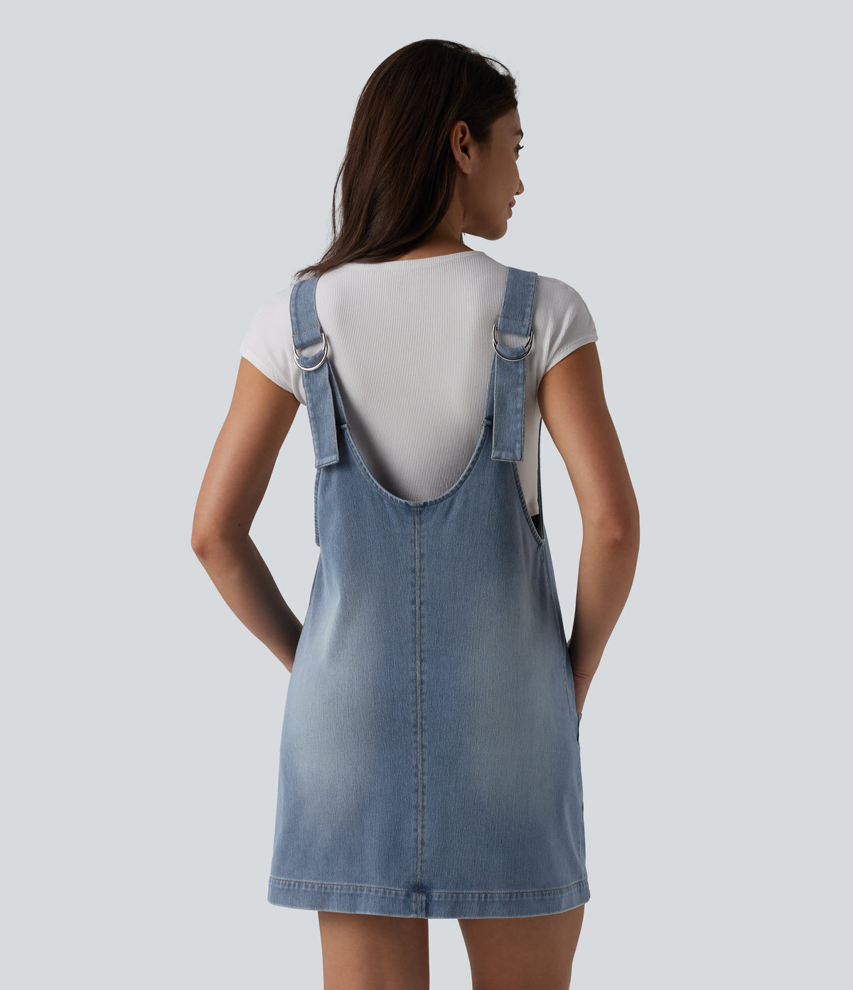 V Neck Washed Denim Mini Casual Dress with Pockets — Blue Jasper Denim — view 2