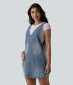 V Neck Washed Denim Mini Casual Dress with Pockets — Blue Jasper Denim — view 3