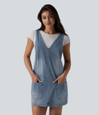 V Neck Washed Denim Mini Casual Dress with Pockets — Blue Jasper Denim — view 1