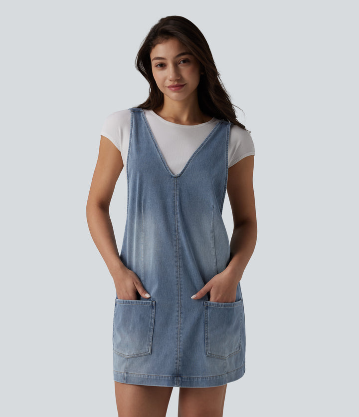 V Neck Washed Denim Mini Casual Dress with Pockets — Blue Jasper Denim — view 1