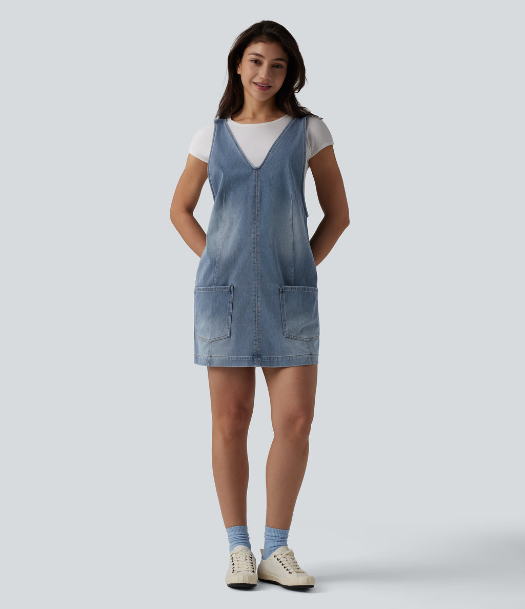 V Neck Washed Denim Mini Casual Dress with Pockets — Blue Jasper Denim — view 6