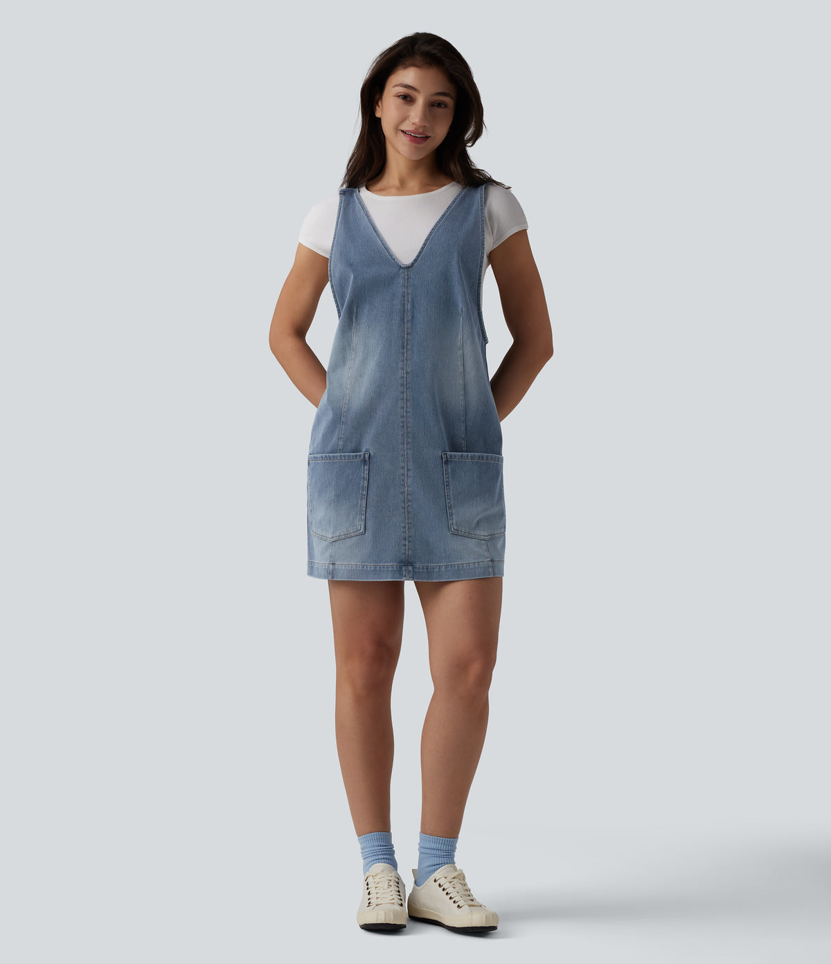 V Neck Washed Denim Mini Casual Dress with Pockets — Blue Jasper Denim — view 6