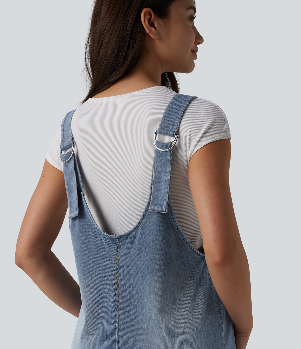 V Neck Washed Denim Mini Casual Dress with Pockets — Blue Jasper Denim — view 5