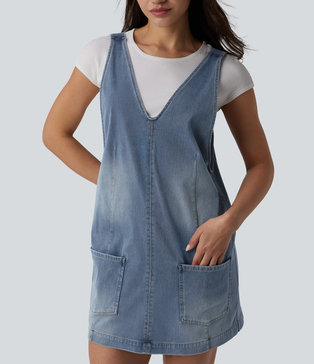 V Neck Washed Denim Mini Casual Dress with Pockets — Blue Jasper Denim — view 4