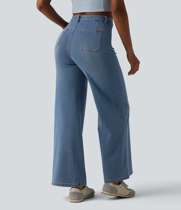Curvy High Waisted Tummy Control Wide Leg Casual Jeans with Pockets — Blue Jasper Denim — view 2