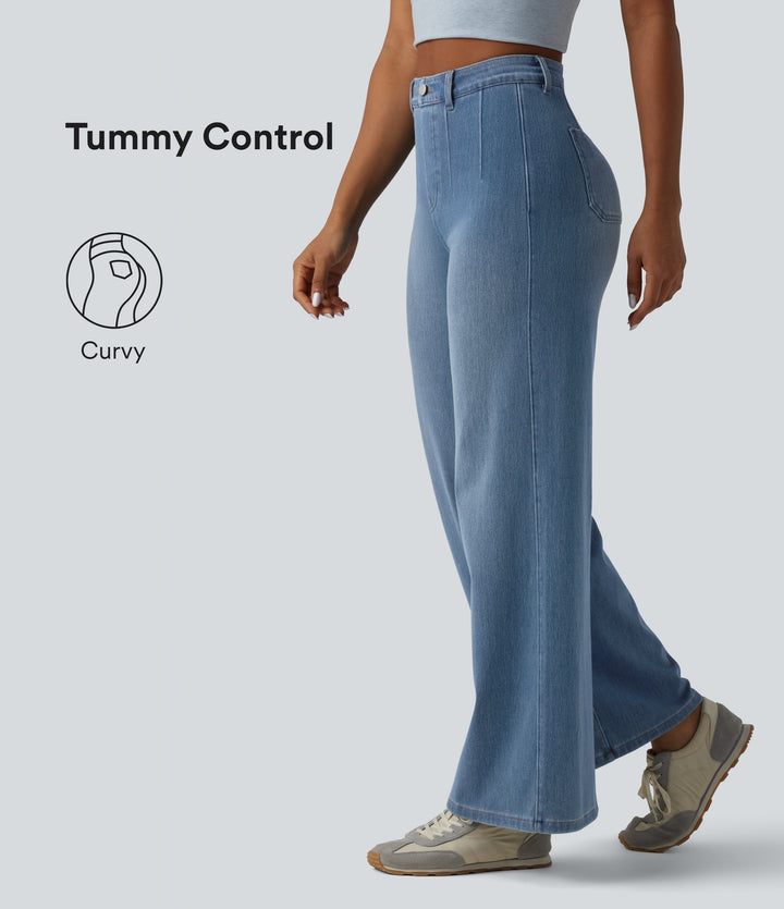 Curvy High Waisted Tummy Control Wide Leg Casual Jeans with Pockets — Blue Jasper Denim — view 1
