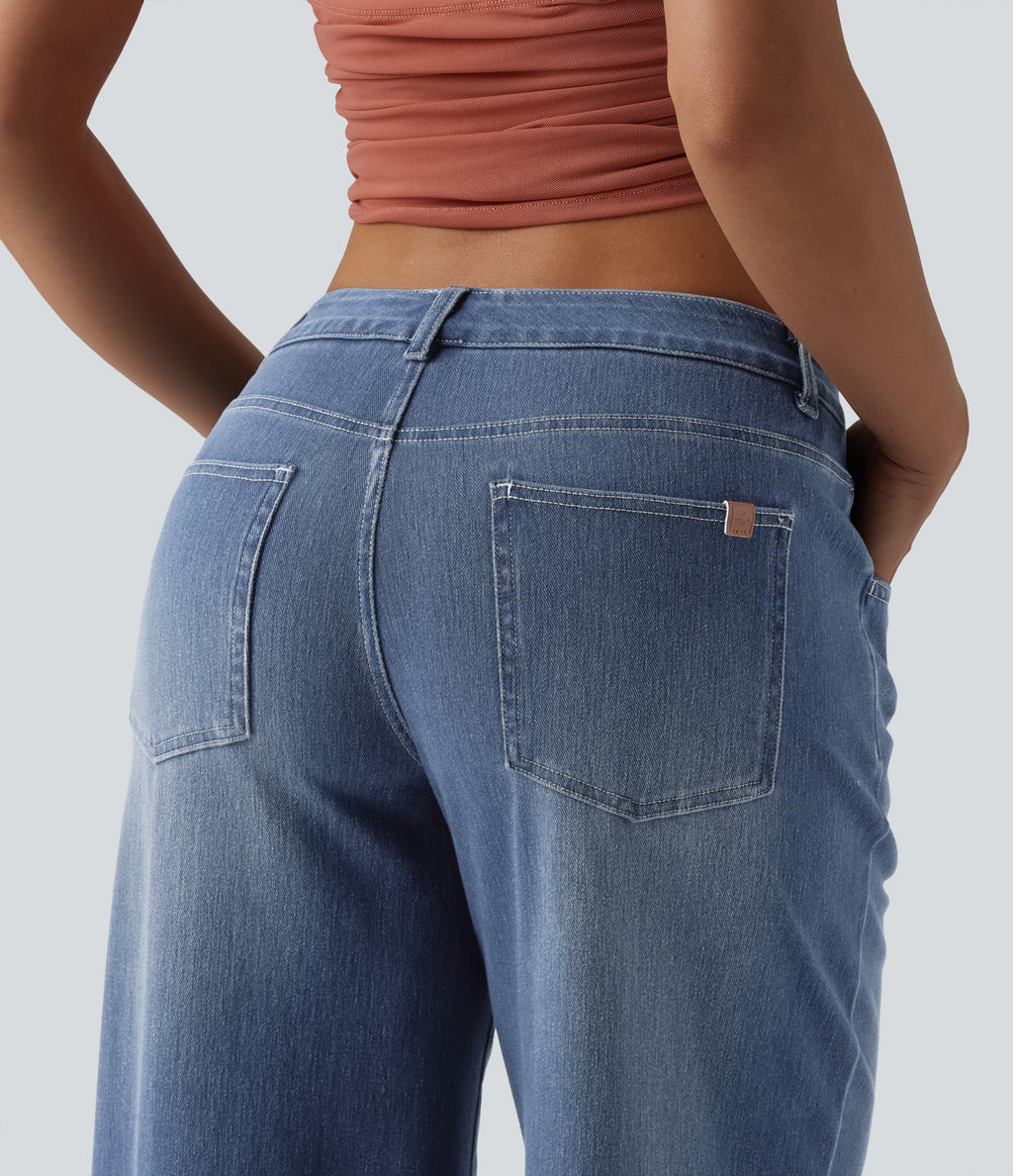Low Rise Wide Leg Casual Jeans with Pockets — Tide Blue Denim — view 5