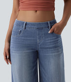 Low Rise Wide Leg Casual Jeans with Pockets — Tide Blue Denim — view 4