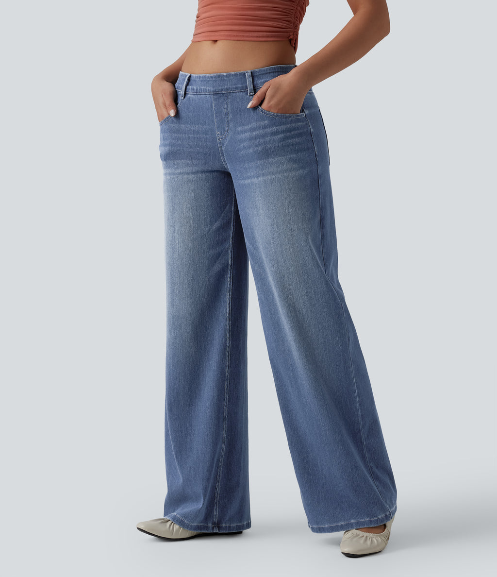 Low Rise Wide Leg Casual Jeans with Pockets — Tide Blue Denim — view 3