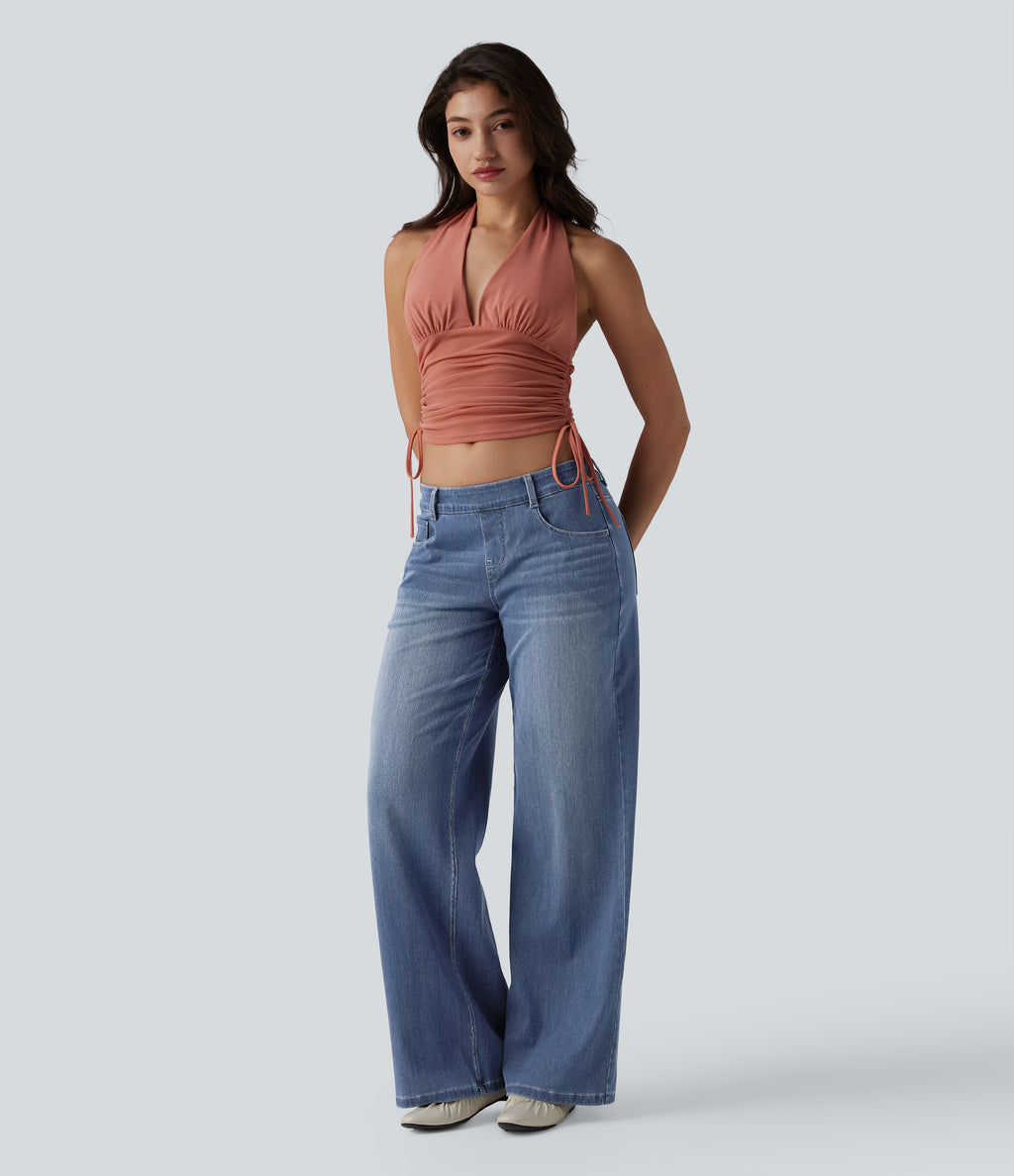 Low Rise Wide Leg Casual Jeans with Pockets — Tide Blue Denim — view 6