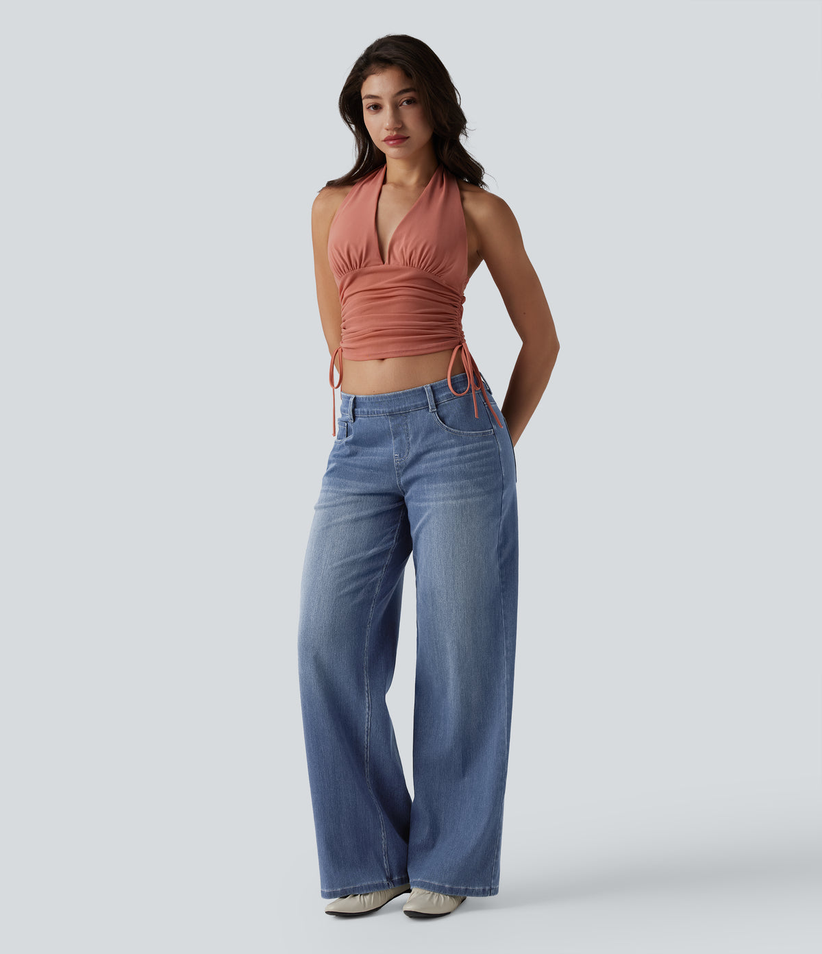 Low Rise Wide Leg Casual Jeans with Pockets — Tide Blue Denim — view 6