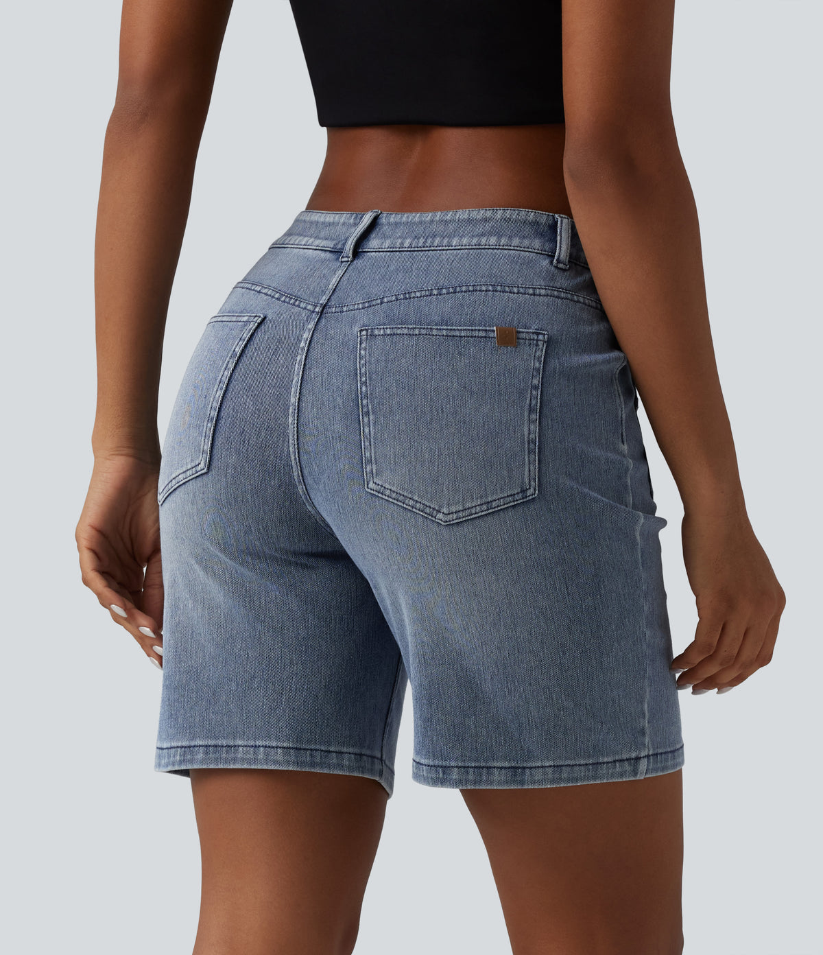Mid Rise Denim Casual Shorts 7'' with Pockets — Malibu Blue Denim — view 2
