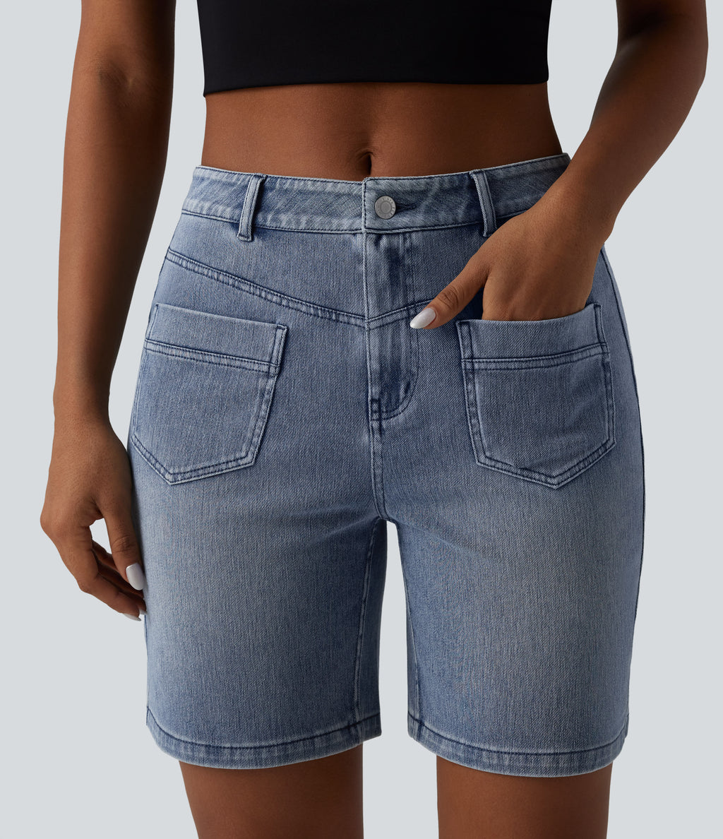 Mid Rise Denim Casual Shorts 7'' with Pockets — Malibu Blue Denim — view 5