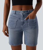 Mid Rise Denim Casual Shorts 7'' with Pockets — Malibu Blue Denim — view 5
