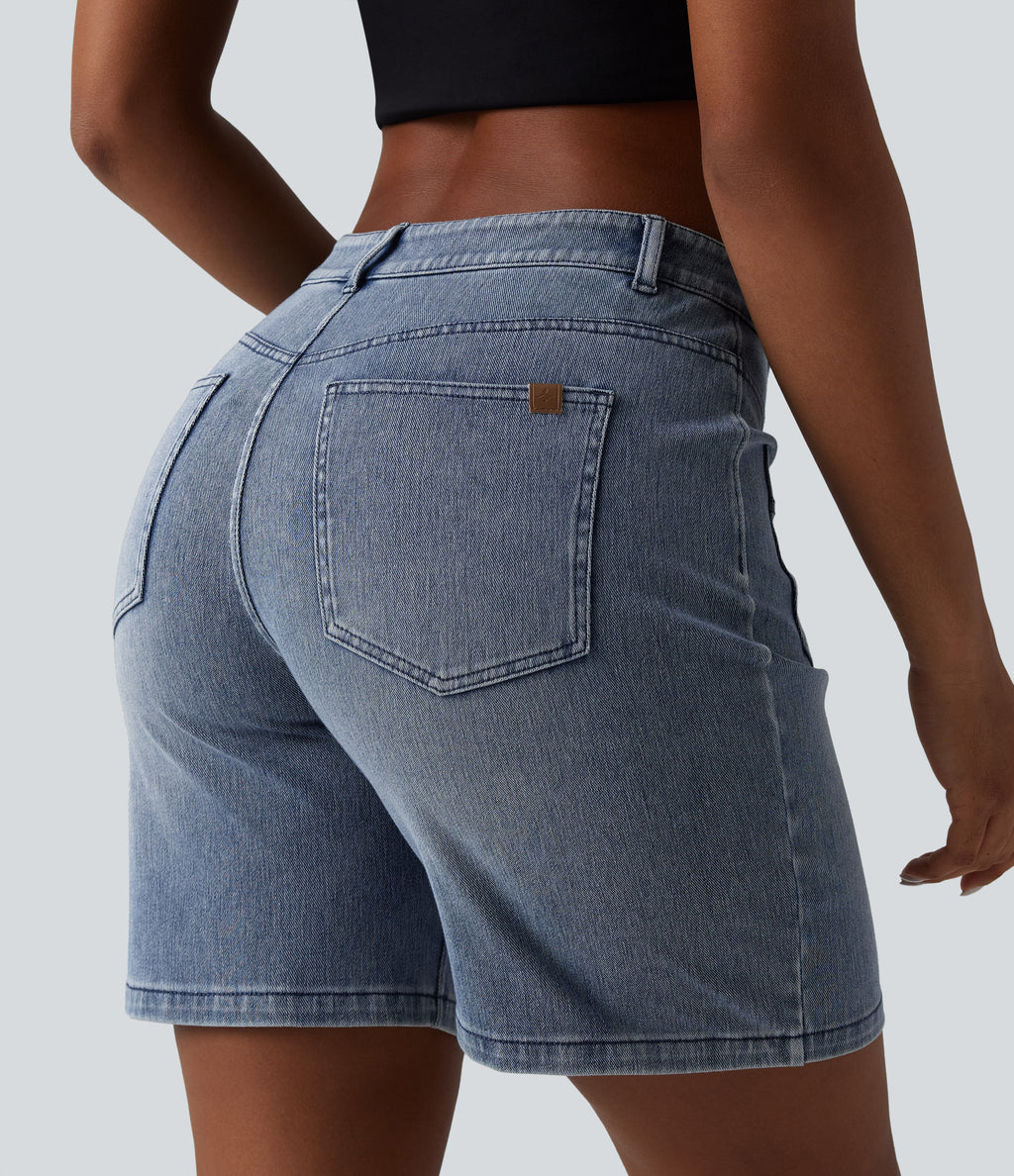 Mid Rise Denim Casual Shorts 7'' with Pockets — Malibu Blue Denim — view 4