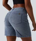 Mid Rise Denim Casual Shorts 7'' with Pockets — Malibu Blue Denim — view 4