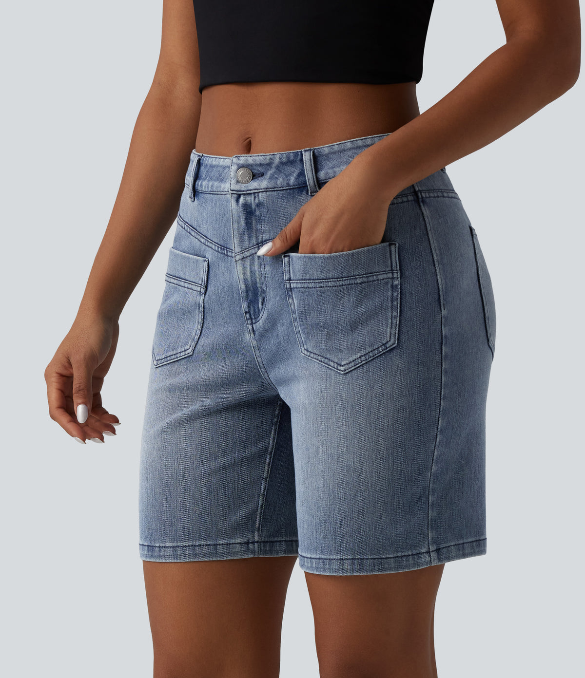 Mid Rise Denim Casual Shorts 7'' with Pockets — Malibu Blue Denim — view 1