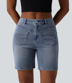 Mid Rise Denim Casual Shorts 7'' with Pockets — Malibu Blue Denim — view 3