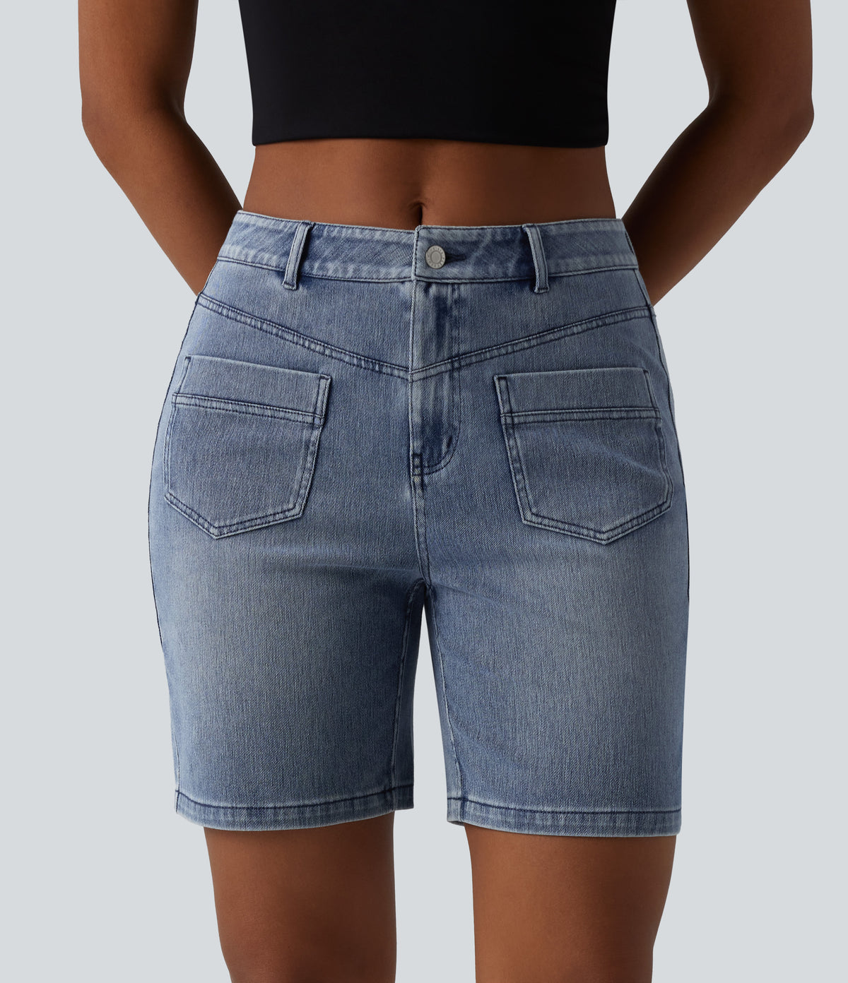 Mid Rise Denim Casual Shorts 7'' with Pockets — Malibu Blue Denim — view 3
