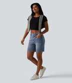 Mid Rise Denim Casual Shorts 7'' with Pockets — Malibu Blue Denim — view 6