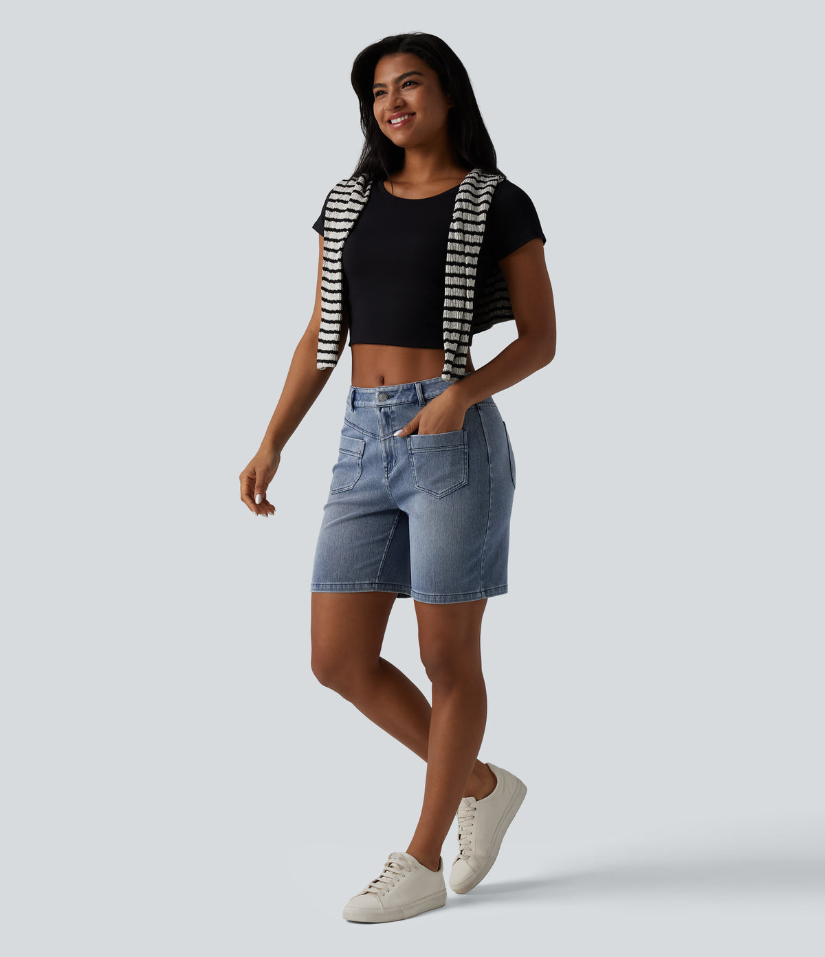 Mid Rise Denim Casual Shorts 7'' with Pockets — Malibu Blue Denim — view 6