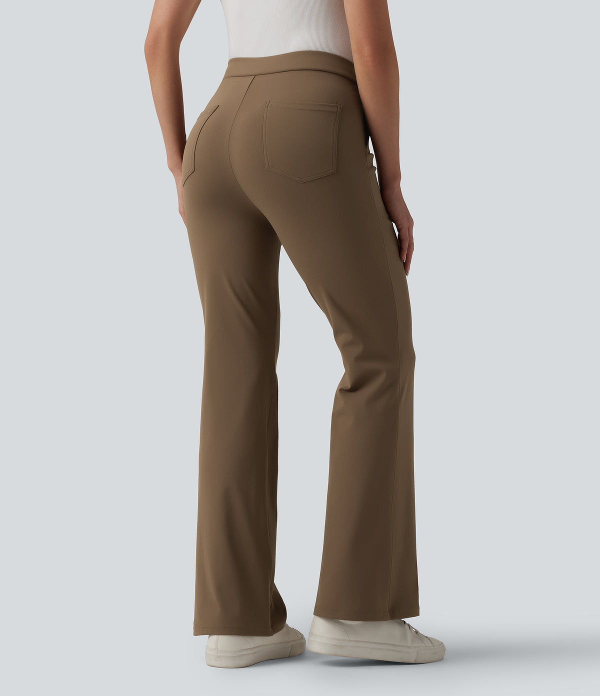 Asymmetric Mid Rise Flare Work Trousers with Pockets — Sepia — view 2