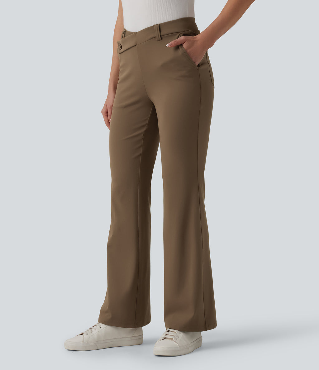 Asymmetric Mid Rise Flare Work Trousers with Pockets — Sepia — view 3