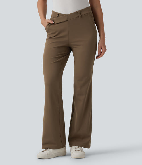 Asymmetric Mid Rise Flare Work Trousers with Pockets — Sepia — view 1