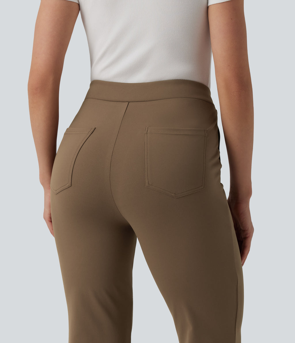 Asymmetric Mid Rise Flare Work Trousers with Pockets — Sepia — view 5