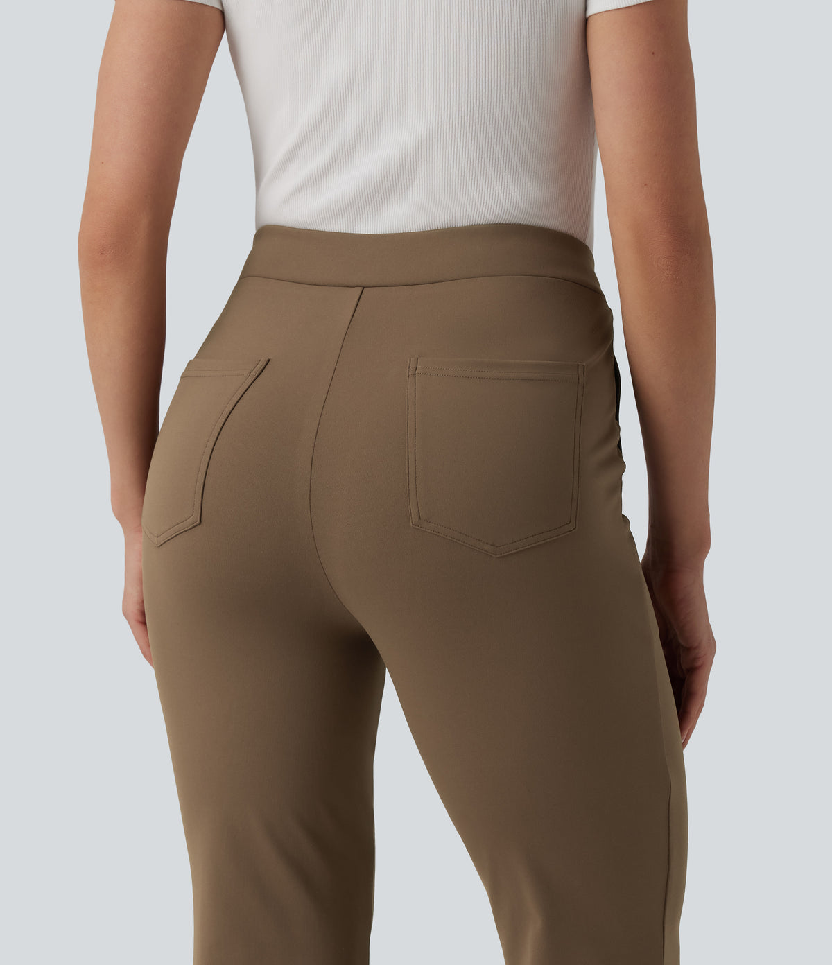 Asymmetric Mid Rise Flare Work Trousers with Pockets — Sepia — view 5