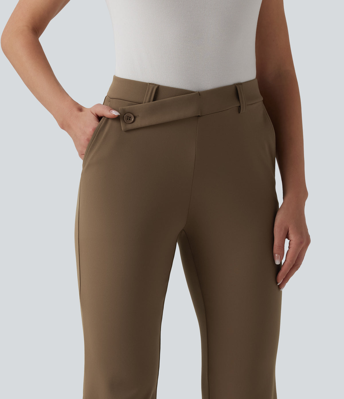Asymmetric Mid Rise Flare Work Trousers with Pockets — Sepia — view 4