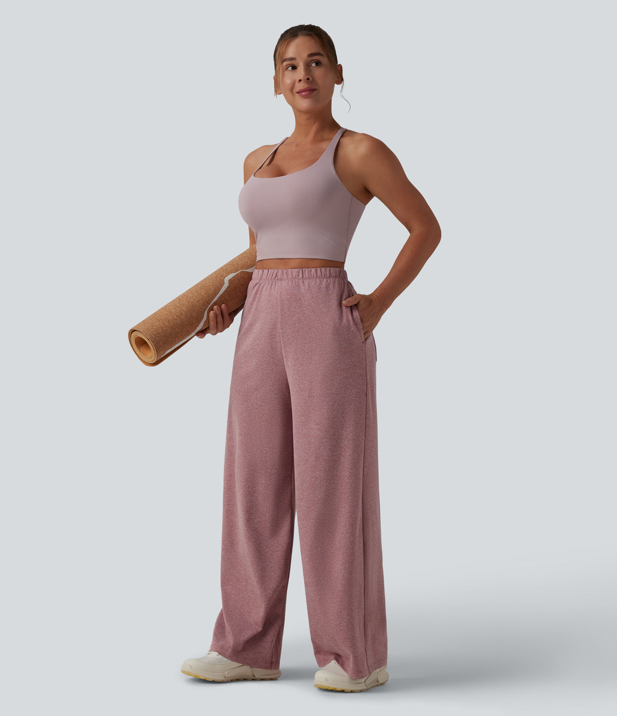 High Waisted Wide Leg Yoga Trousers with Pockets — Mottled Begonia — view 7
