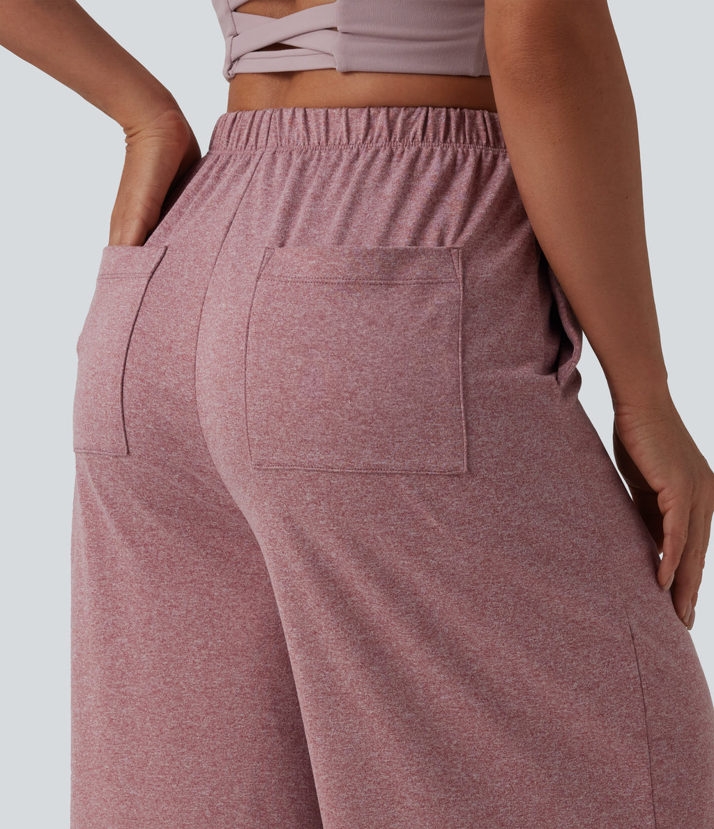 High Waisted Wide Leg Yoga Trousers with Pockets — Mottled Begonia — view 4