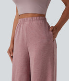 High Waisted Wide Leg Yoga Trousers with Pockets — Mottled Begonia — view 6