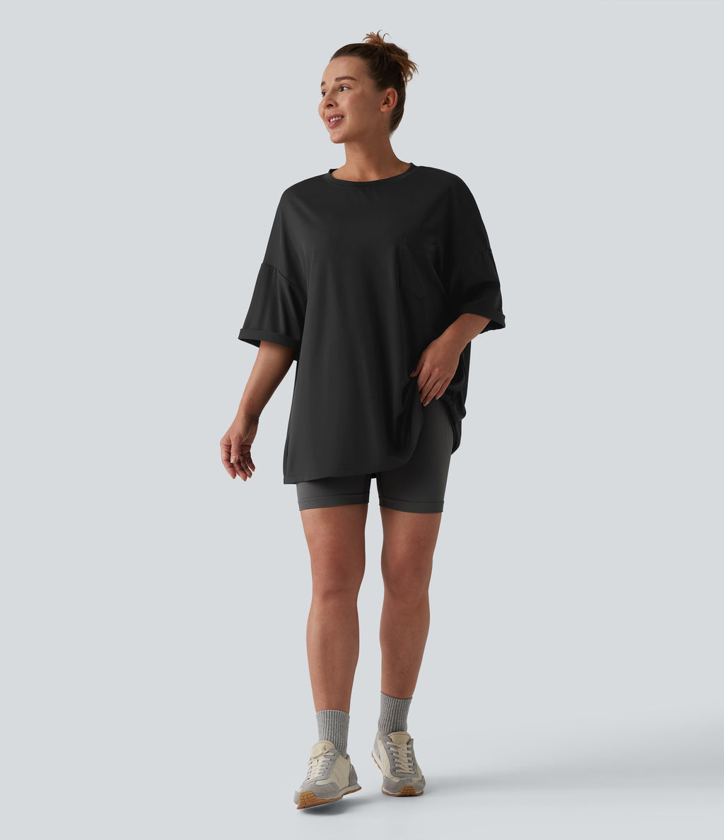 Round Neck Casual T-Shirt with Pocket — Black — view 5